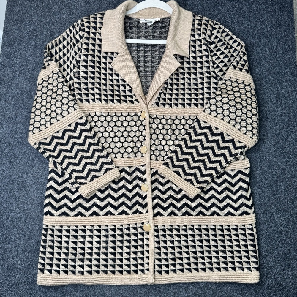 Mita Sport Womens L Geometric Knit Coatigan Cardigan Black Tan Button Front